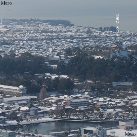近江佐和山城跡から積雪した彦根城、旧港湾、琵琶湖を遠望 2016年1月