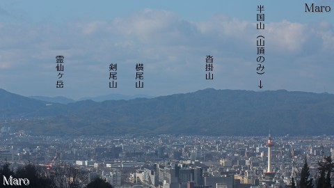 東山三十六峰 今熊野山から京都タワーと唐櫃越、北摂の剣尾山を遠望 2016年1月