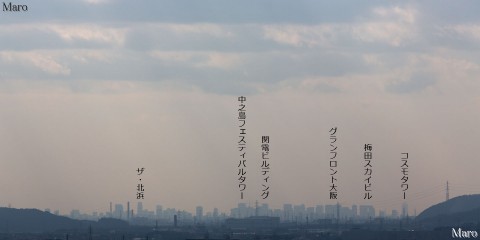 京都の太閤坦（豊国廟）からコスモタワー、梅田スカイビルなど大阪の高層ビル群を遠望 2016年1月