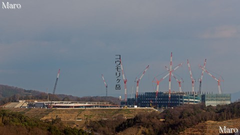 彩都あかねの大型クレーン群と建設中の施設を彩都なないろ公園から撮影 2016年1月