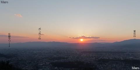 京都の夕景と京都タワーを大文字山の火床から望む 2016年3月