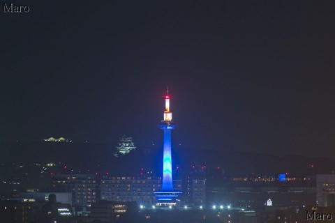 世界自閉症デーin京都 ブルーにライトアップされた京都タワーを船岡山から遠望 2016年4月2日