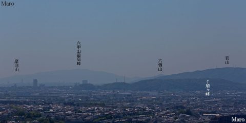大吉山展望台（仏徳山）から神戸の六甲山、摩耶山、八幡の鳩ヶ峰（男山）を遠望 2016年6月
