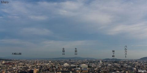 京都タワー展望室から南向きの眺望 八幡の鳩ヶ峰、奈良の大峰山、大阪のハルカスなど