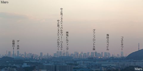 中之島フェスティバルタワー・ウエストと大阪の高層ビル群を京都の豊国廟から遠望 2016年8月