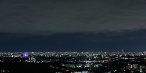 彩都なないろ公園の夜景 花火大会、大観覧車、ハルカスを遠望 大阪府箕面市 2016年8月