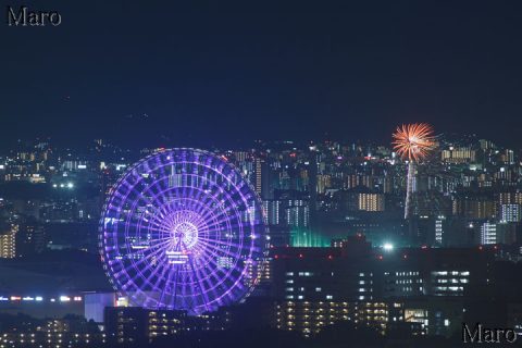 エキスポシティの大観覧車OSAKA WHEEL、守口市花火大会を彩都なないろ公園から遠望