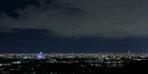 彩都せせらぎ橋の夜景 打ち上げ花火、オオサカホイールを遠望 大阪の夜景 2016年8月