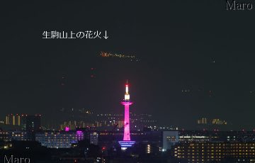 生駒山上の花火とピンク色にライトアップされた京都タワー 2016年7月