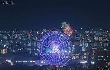 エキスポシティの大観覧車、守口市市制施行70周年花火大会を彩都から遠望