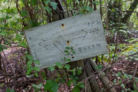 「←一条・堀川天皇陵 ↓宇多天皇陵 →大内山山頂」道標 2016年9月