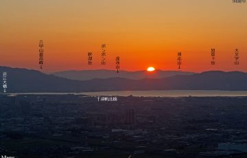 近江富士 三上山から京都西山に沈む夕日を望む 神戸の六甲山を遠望