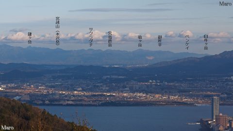 如意ヶ岳から鈴鹿山脈南部（鎌ヶ岳～臼杵ヶ岳）、琵琶湖南端部を遠望 2016年1月