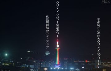 京都タワー クリスマス ライトアップ 赤と緑2色のタワーと駅ビルの巨大ツリーを遠望 回転直前