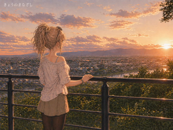 イラスト「大吉山展望台から夕日を望む」編