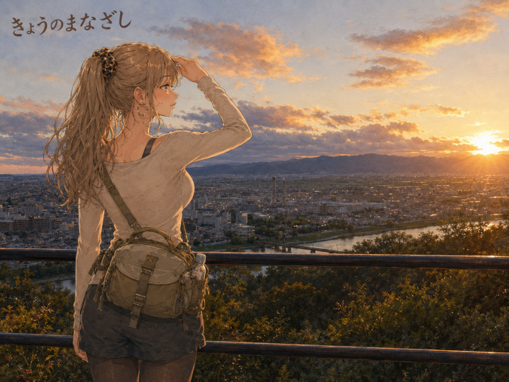 イラスト「大吉山展望台から夕日を望む」編